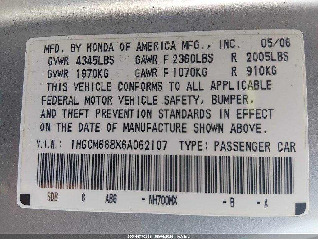 1HGCM668X6A062107 2006 HONDA ACCORD photo no. 9
