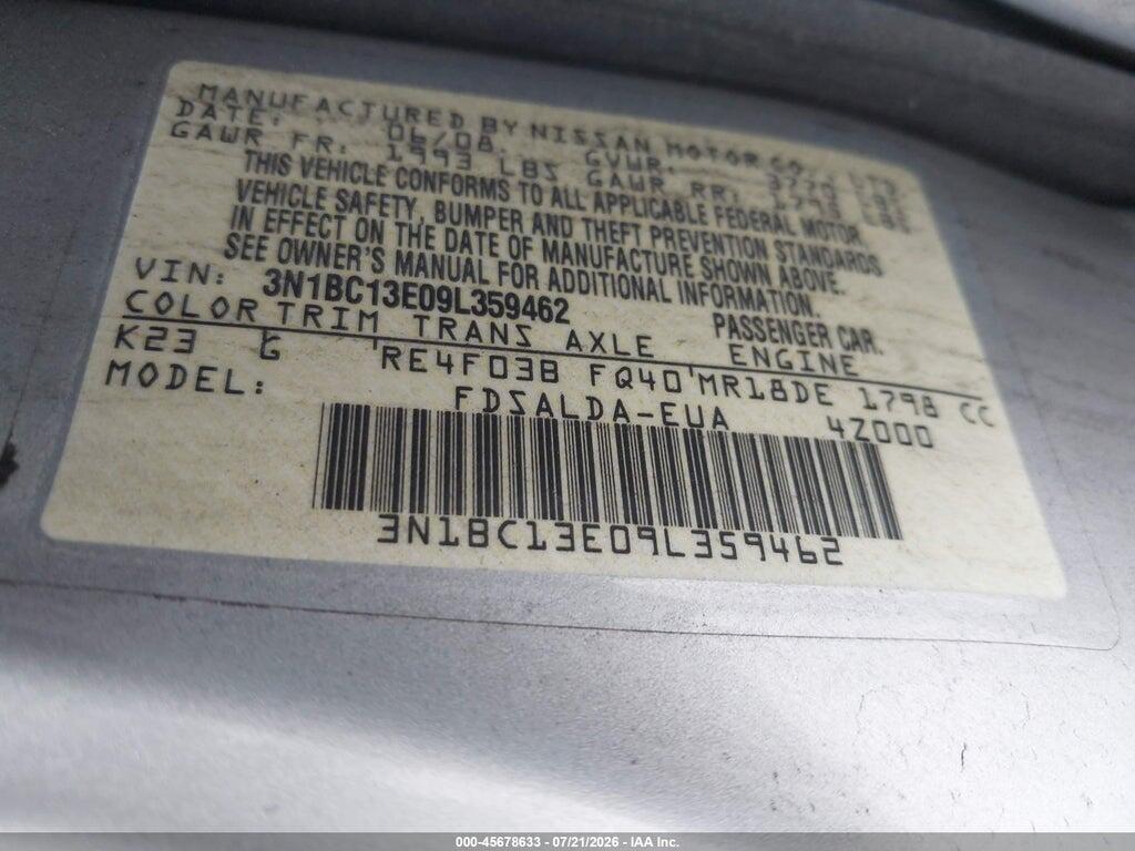 3N1BC13E09L359462 2009 NISSAN VERSA photo no. 9