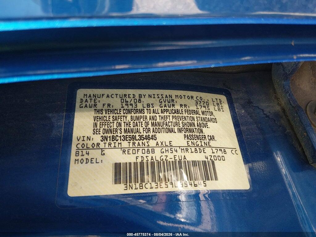 3N1BC13E59L354645 2009 NISSAN VERSA photo no. 9