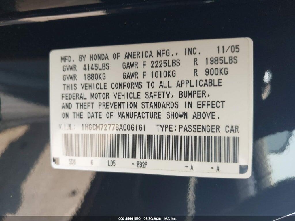 1HGCM72776A006161 2006 HONDA ACCORD photo no. 9