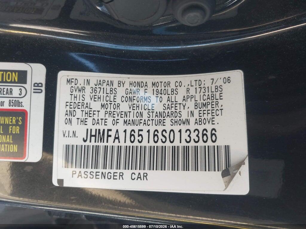 JHMFA16516S013366 2006 HONDA CIVIC photo no. 9