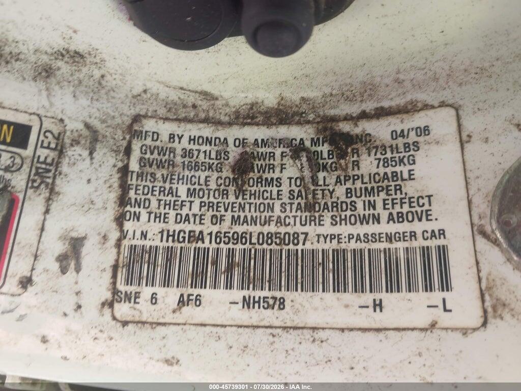 1HGFA16596L085087 2006 HONDA CIVIC photo no. 9