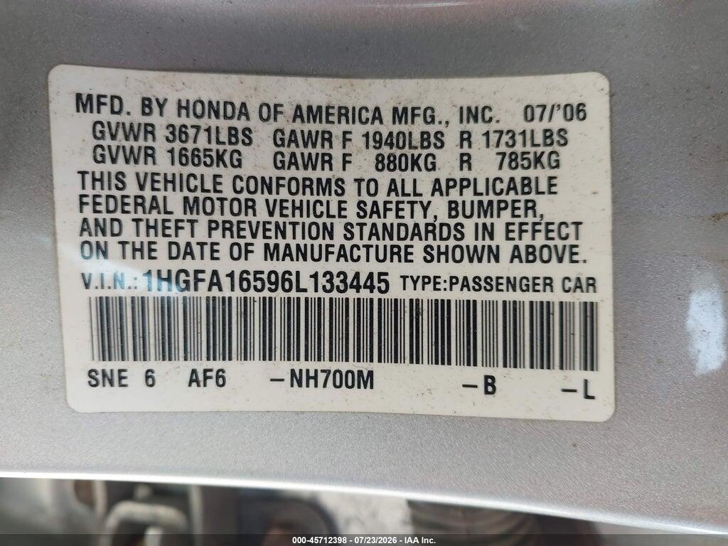 1HGFA16596L133445 2006 HONDA CIVIC photo no. 9