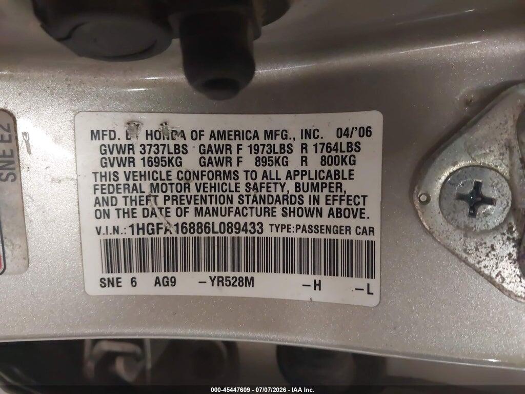 1HGFA16886L089433 2006 HONDA CIVIC photo no. 9