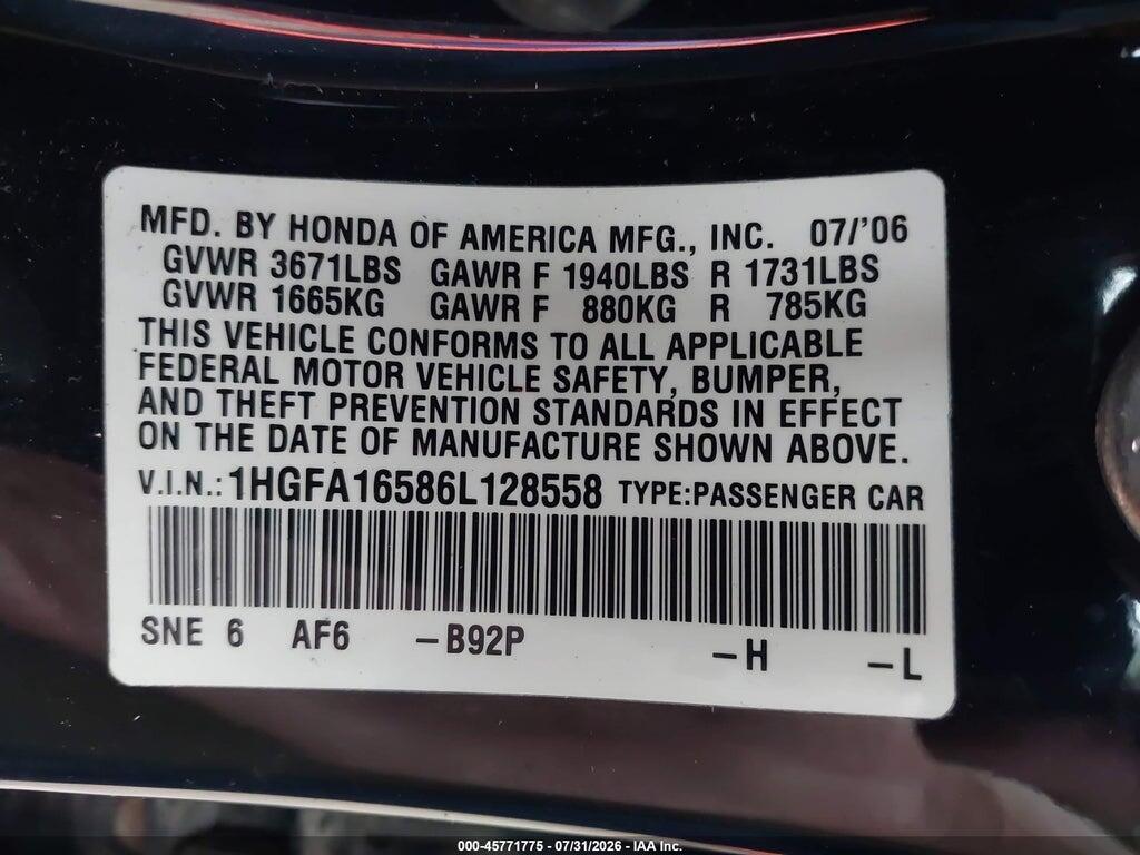1HGFA16586L128558 2006 HONDA CIVIC photo no. 9