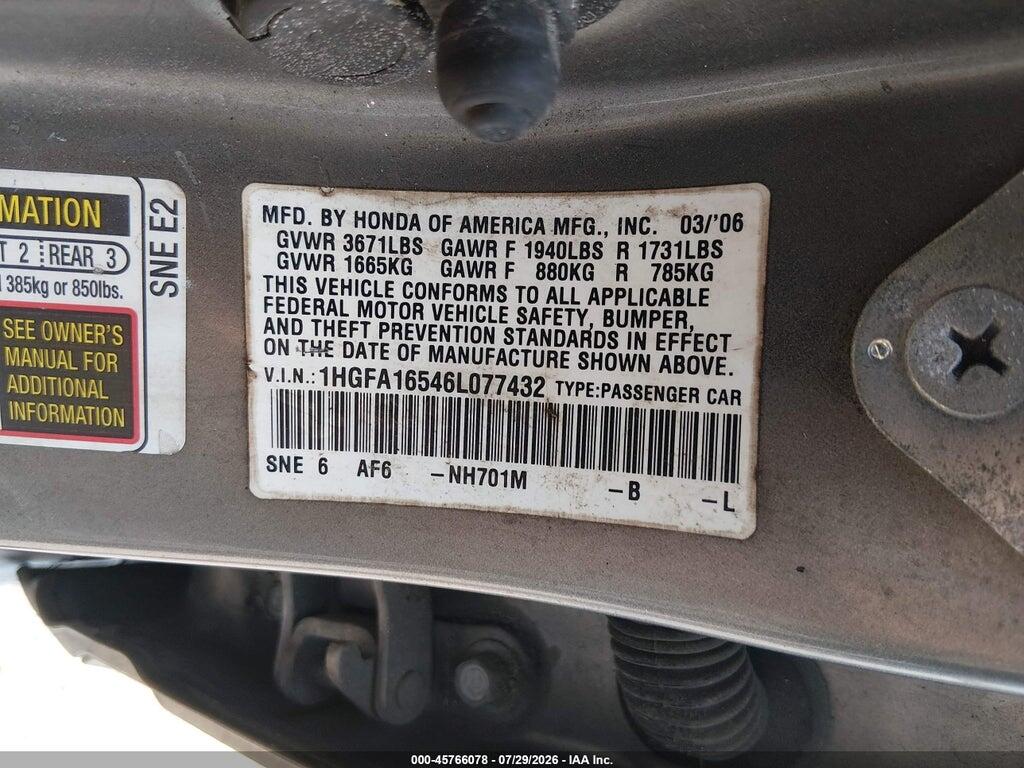 1HGFA16546L077432 2006 HONDA CIVIC photo no. 9