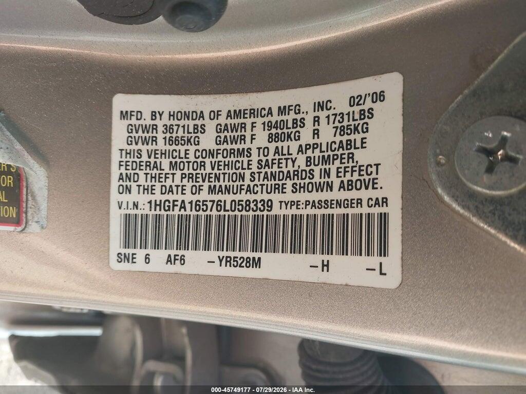 1HGFA16576L058339 2006 HONDA CIVIC photo no. 9