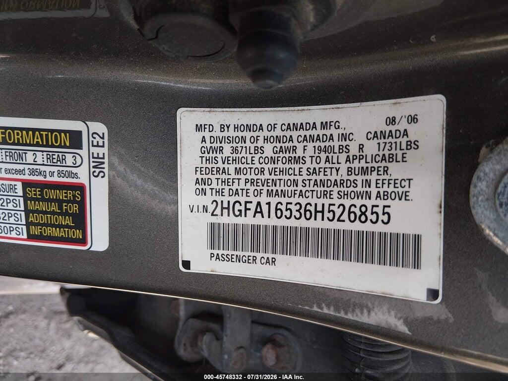 2HGFA16536H526855 2006 HONDA CIVIC photo no. 9