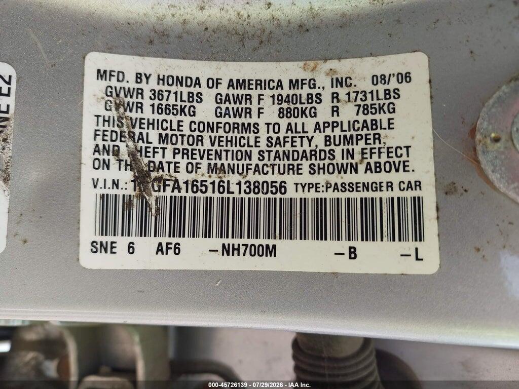 1HGFA16516L138056 2006 HONDA CIVIC photo no. 9