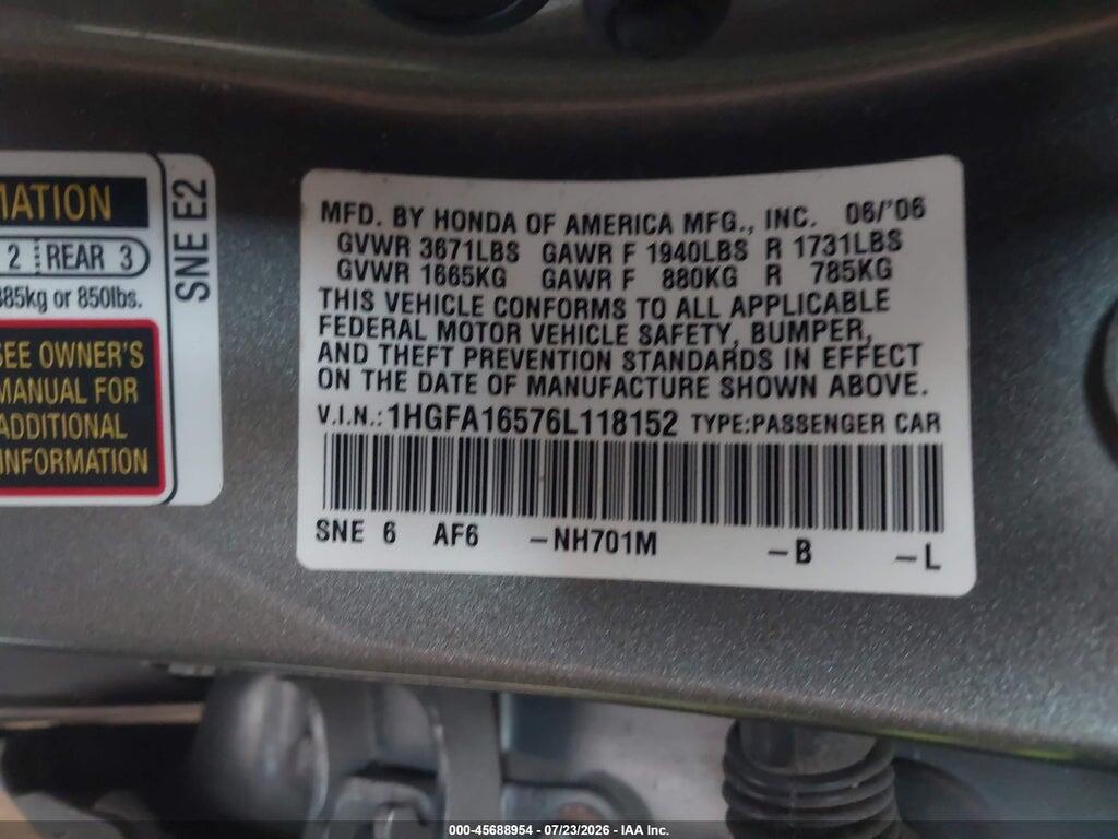 1HGFA16576L118152 2006 HONDA CIVIC photo no. 9
