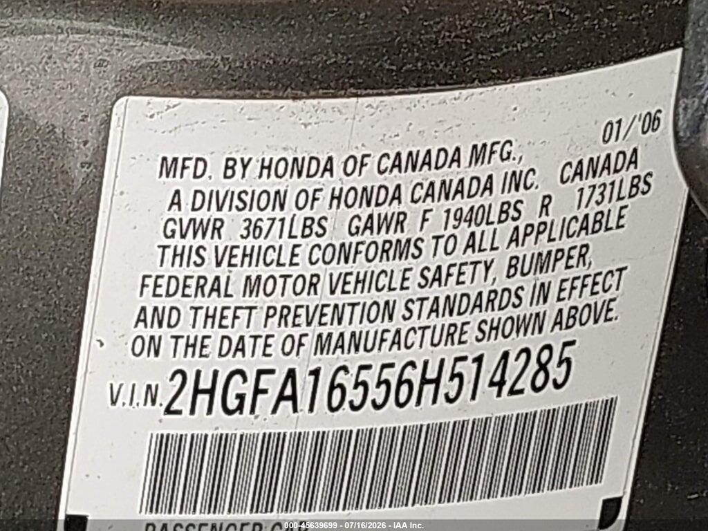 2HGFA16556H514285 2006 HONDA CIVIC photo no. 9