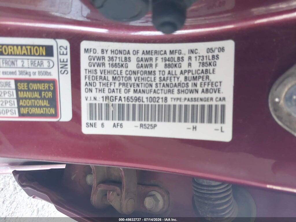 1HGFA16596L100218 2006 HONDA CIVIC photo no. 9