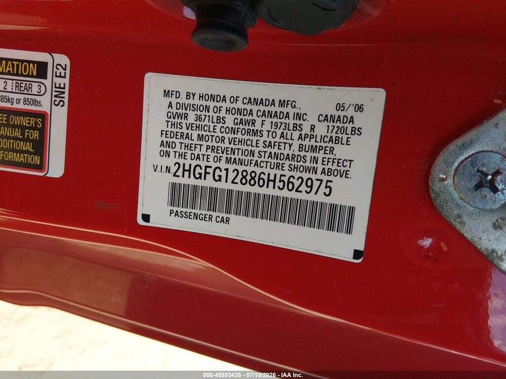 2HGFG12886H562975 2006 HONDA CIVIC photo no. 9