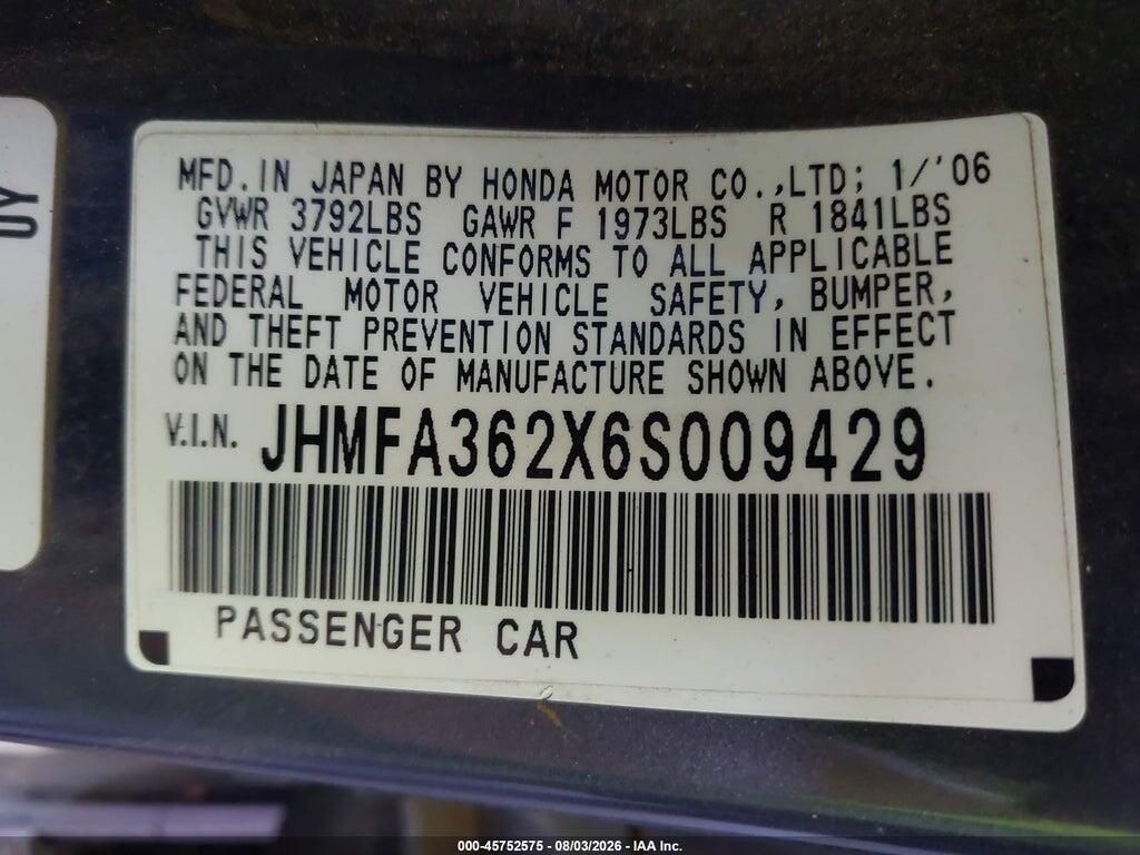JHMFA362X6S009429 2006 HONDA CIVIC HYBRID photo no. 9