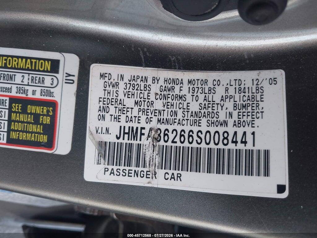 JHMFA36266S008441 2006 HONDA CIVIC HYBRID photo no. 9