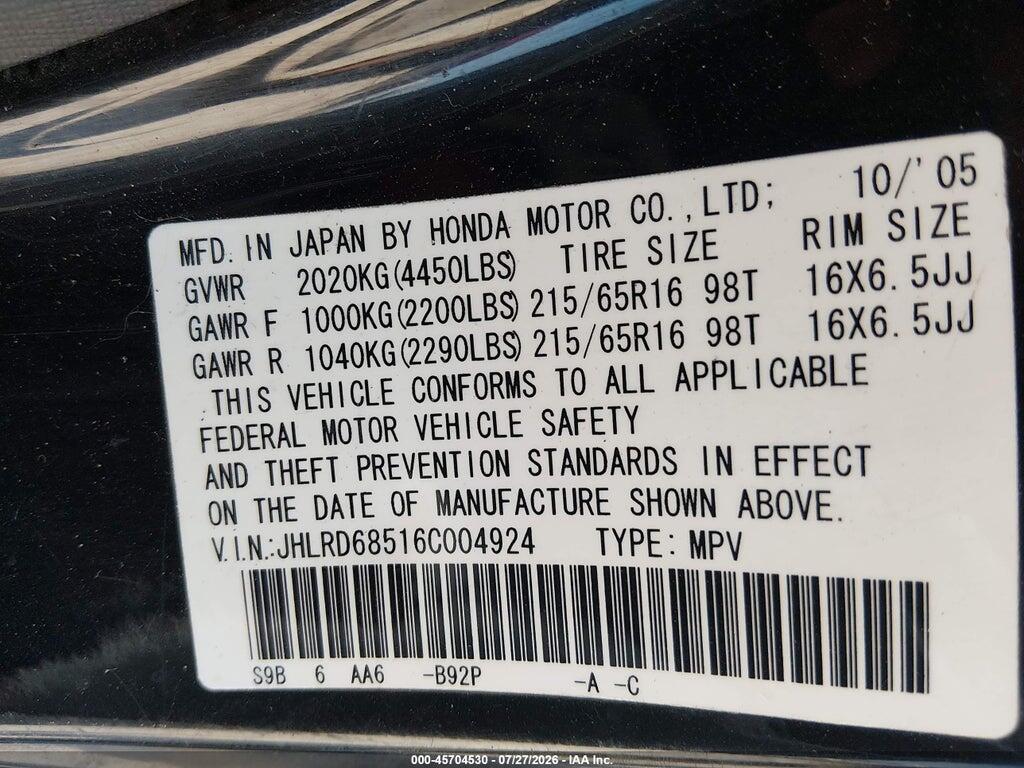 JHLRD68516C004924 2006 HONDA CR-V photo no. 9