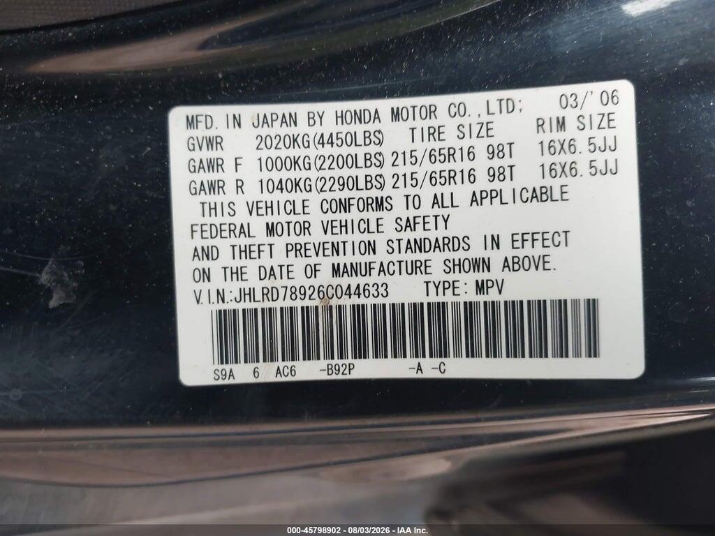 JHLRD78926C044633 2006 HONDA CR-V photo no. 9