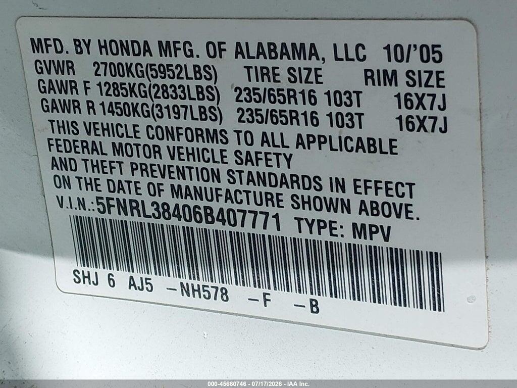 5FNRL38406B407771 2006 HONDA ODYSSEY photo no. 9