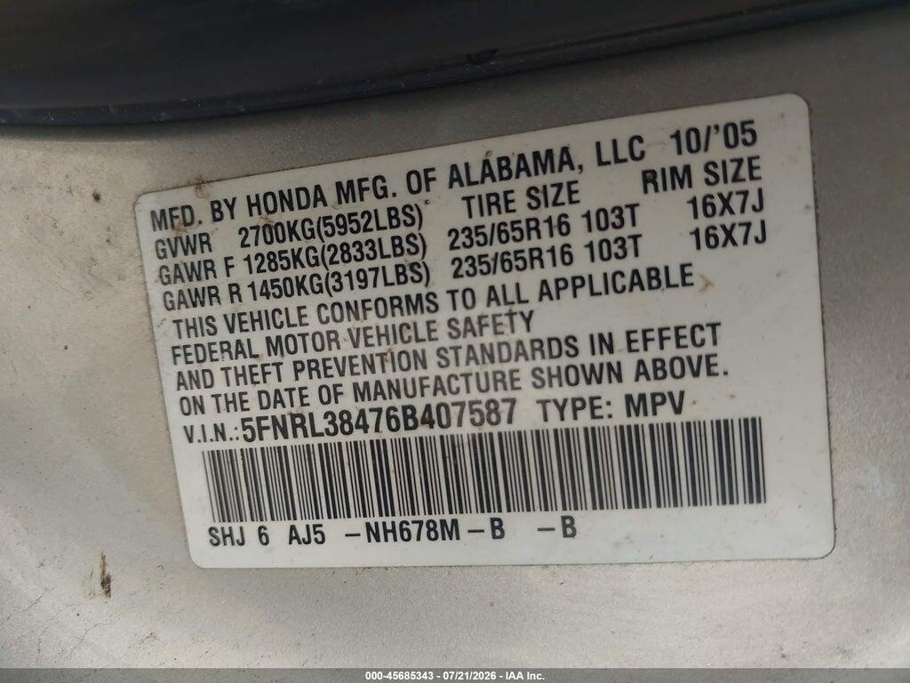 5FNRL38476B407587 2006 HONDA ODYSSEY photo no. 8