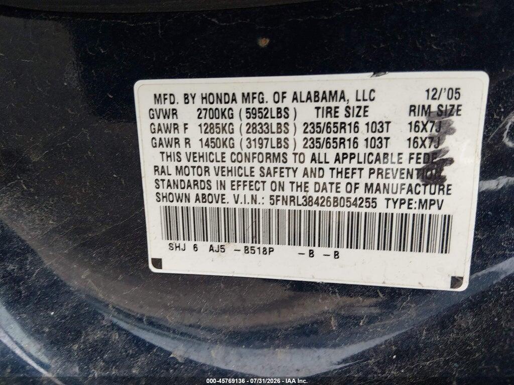 5FNRL38426B054255 2006 HONDA ODYSSEY photo no. 9