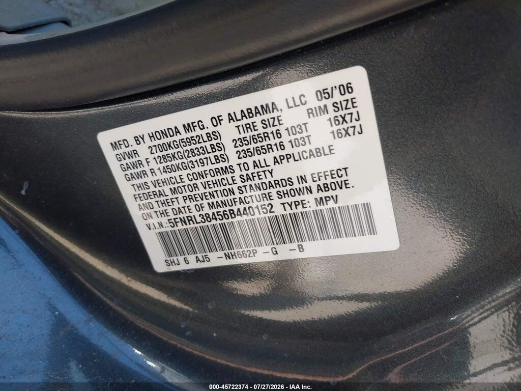 5FNRL38456B440152 2006 HONDA ODYSSEY photo no. 9