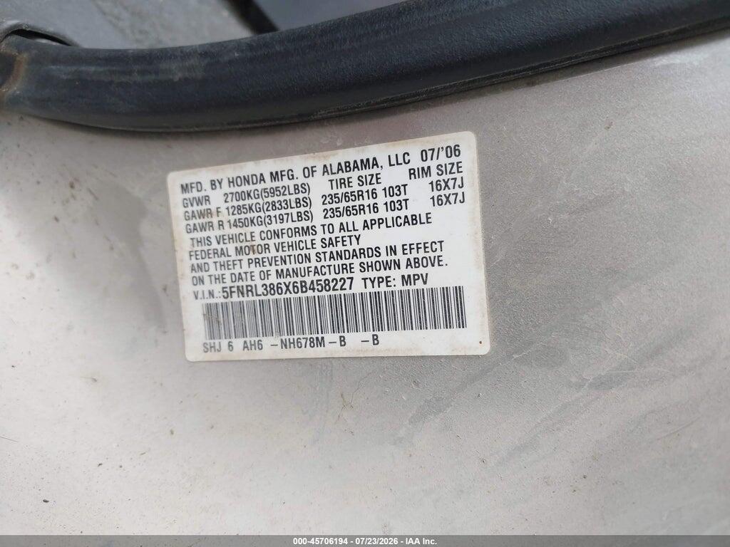 5FNRL386X6B458227 2006 HONDA ODYSSEY photo no. 9