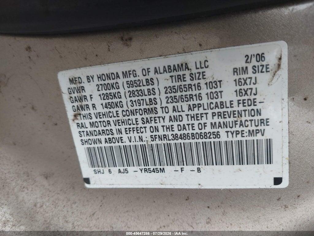 5FNRL38486B068256 2006 HONDA ODYSSEY photo no. 9