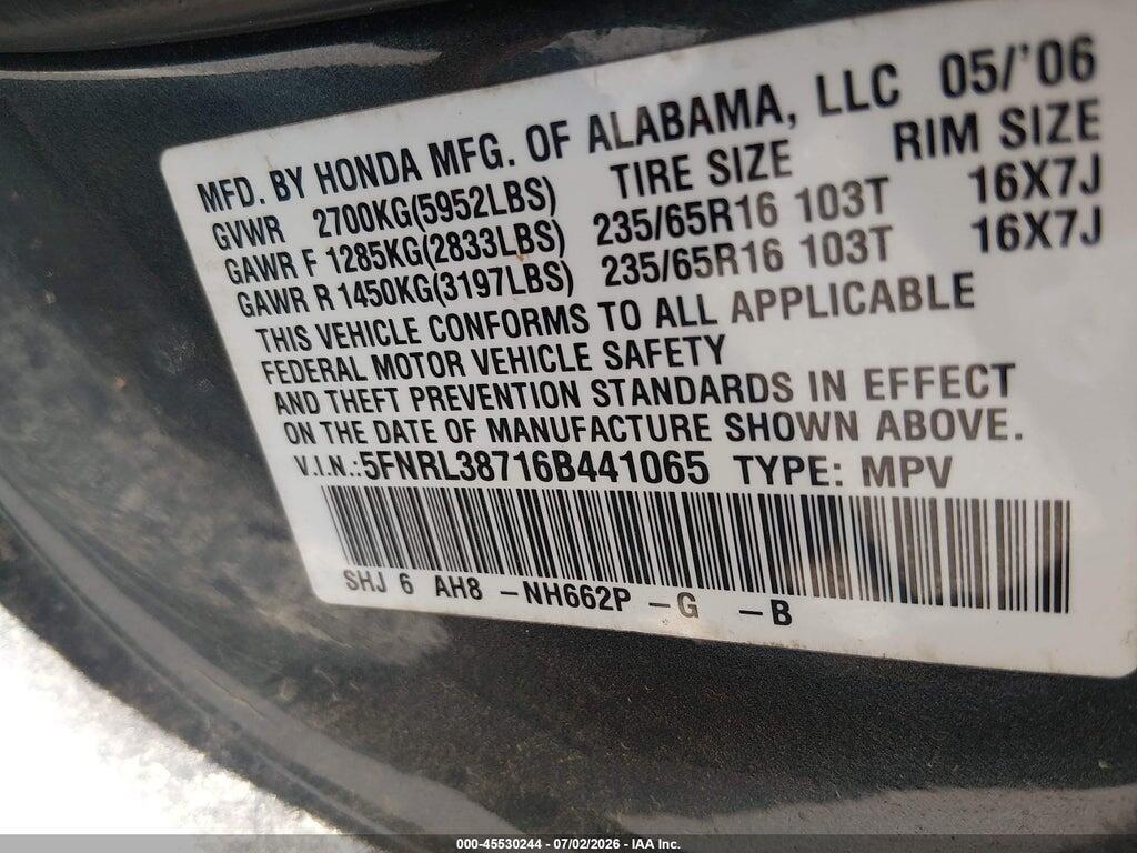 5FNRL38716B441065 2006 HONDA ODYSSEY photo no. 9