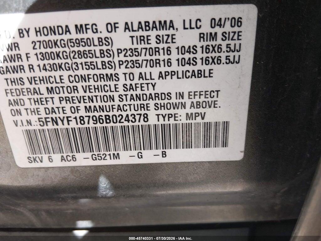 5FNYF18796B024378 2006 HONDA PILOT photo no. 9