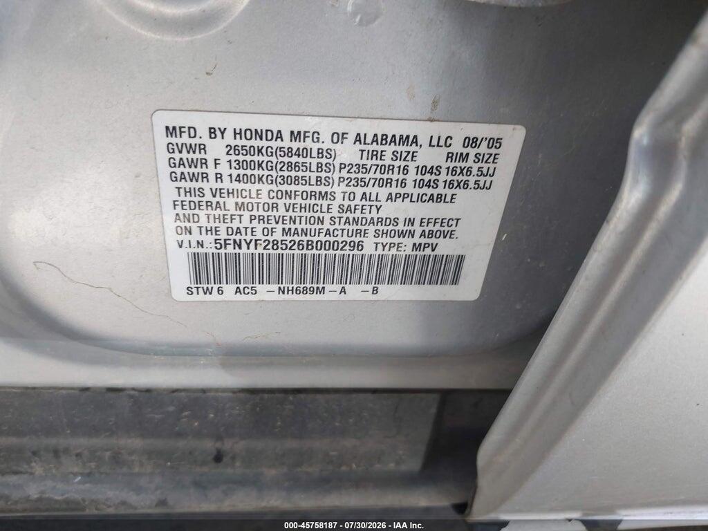 5FNYF28526B000296 2006 HONDA PILOT photo no. 9