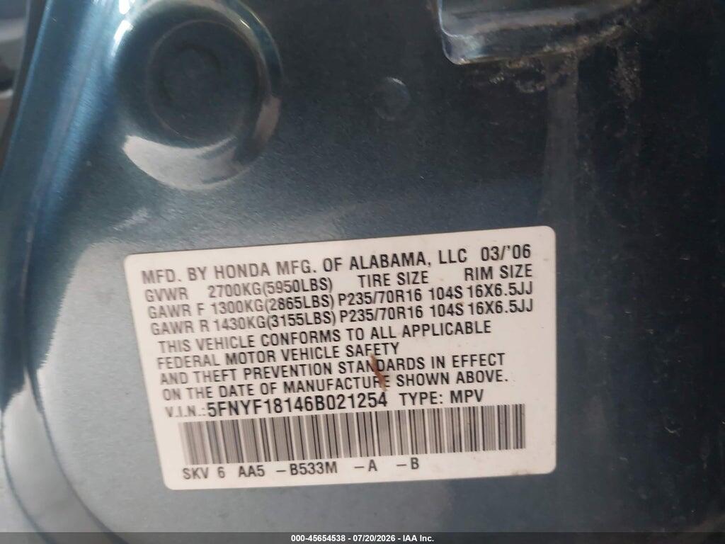 5FNYF18146B021254 2006 HONDA PILOT photo no. 9