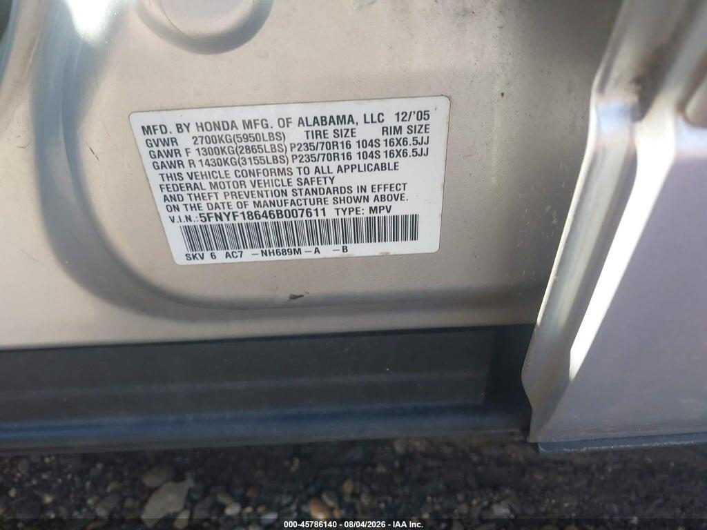 5FNYF18646B007611 2006 HONDA PILOT photo no. 9