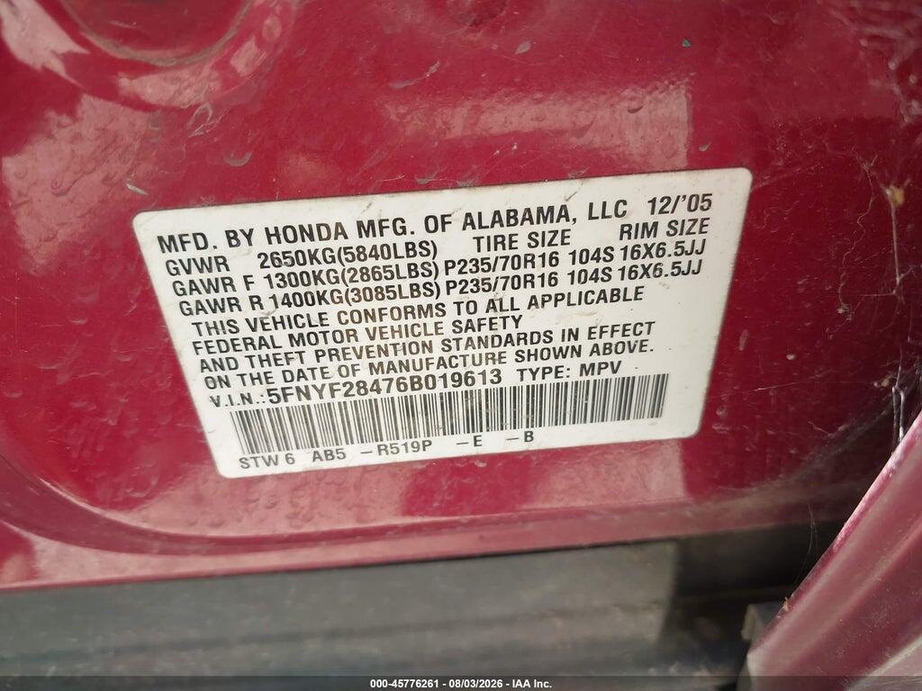 5FNYF28476B019613 2006 HONDA PILOT photo no. 9