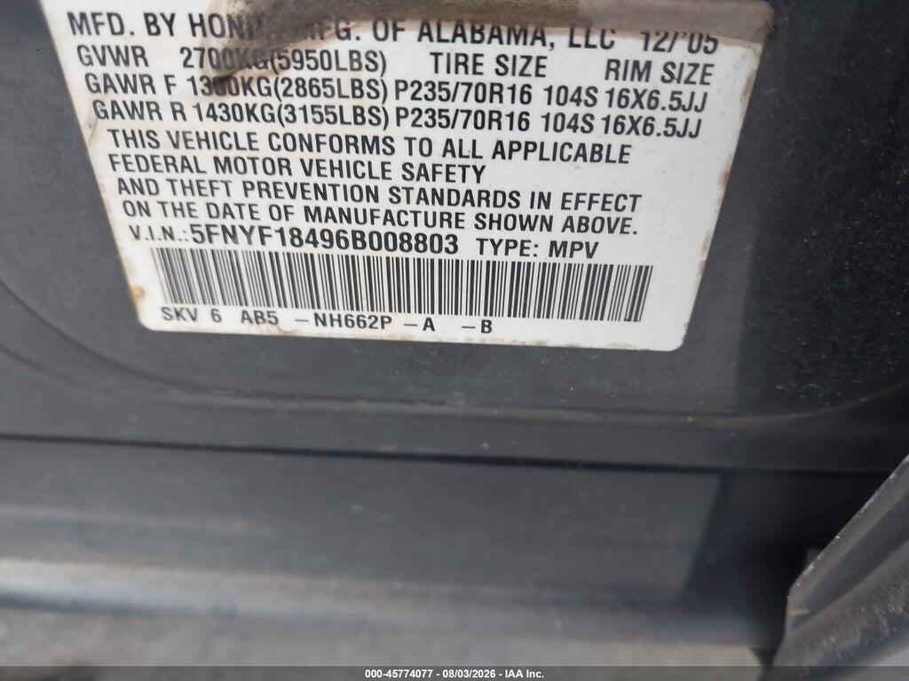 5FNYF18496B008803 2006 HONDA PILOT photo no. 9