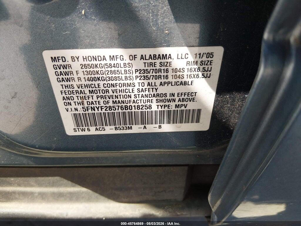 5FNYF28576B018258 2006 HONDA PILOT photo no. 9