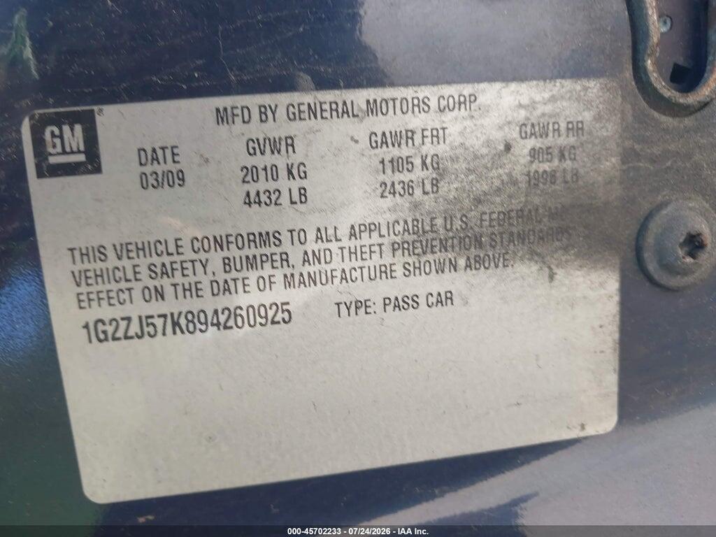 1G2ZJ57K894260925 2009 PONTIAC G6 NEW photo no. 9