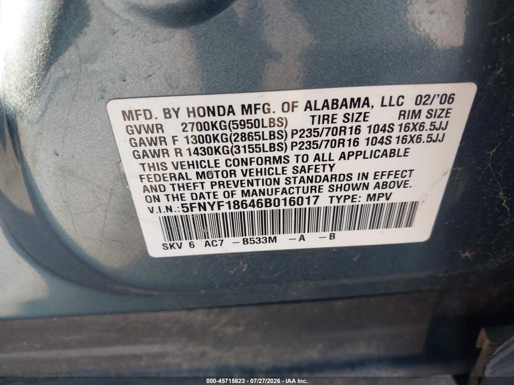 5FNYF18646B016017 2006 HONDA PILOT photo no. 9
