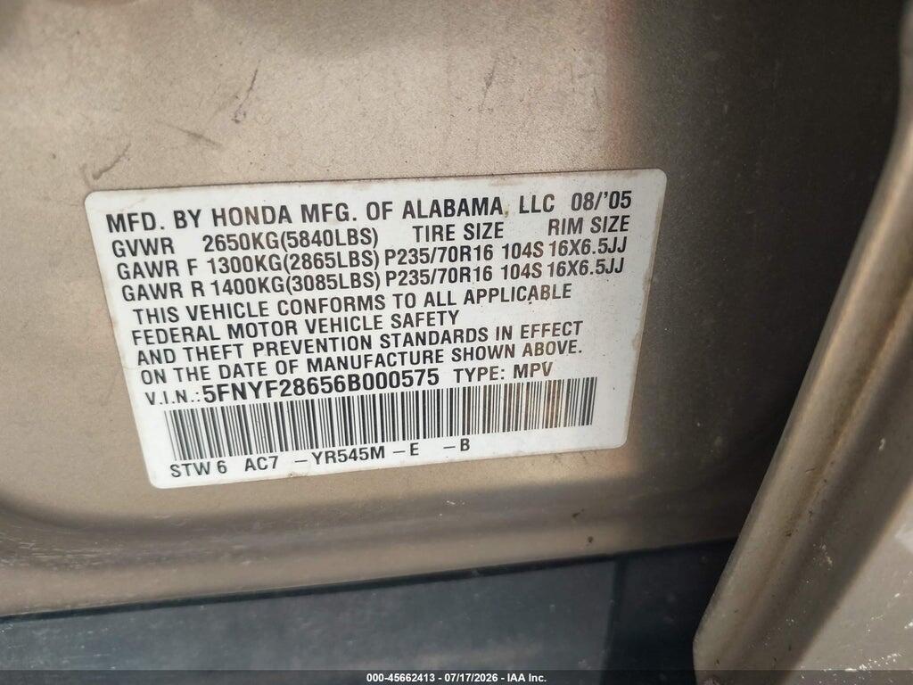 5FNYF28656B000575 2006 HONDA PILOT photo no. 9