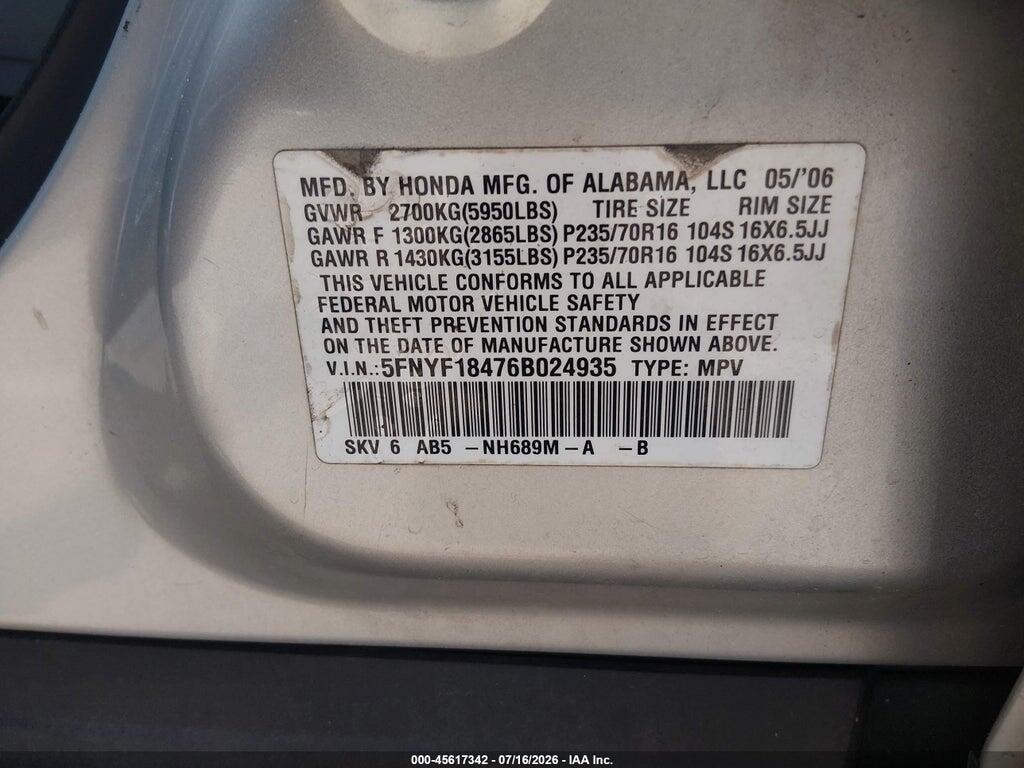 5FNYF18476B024935 2006 HONDA PILOT photo no. 9