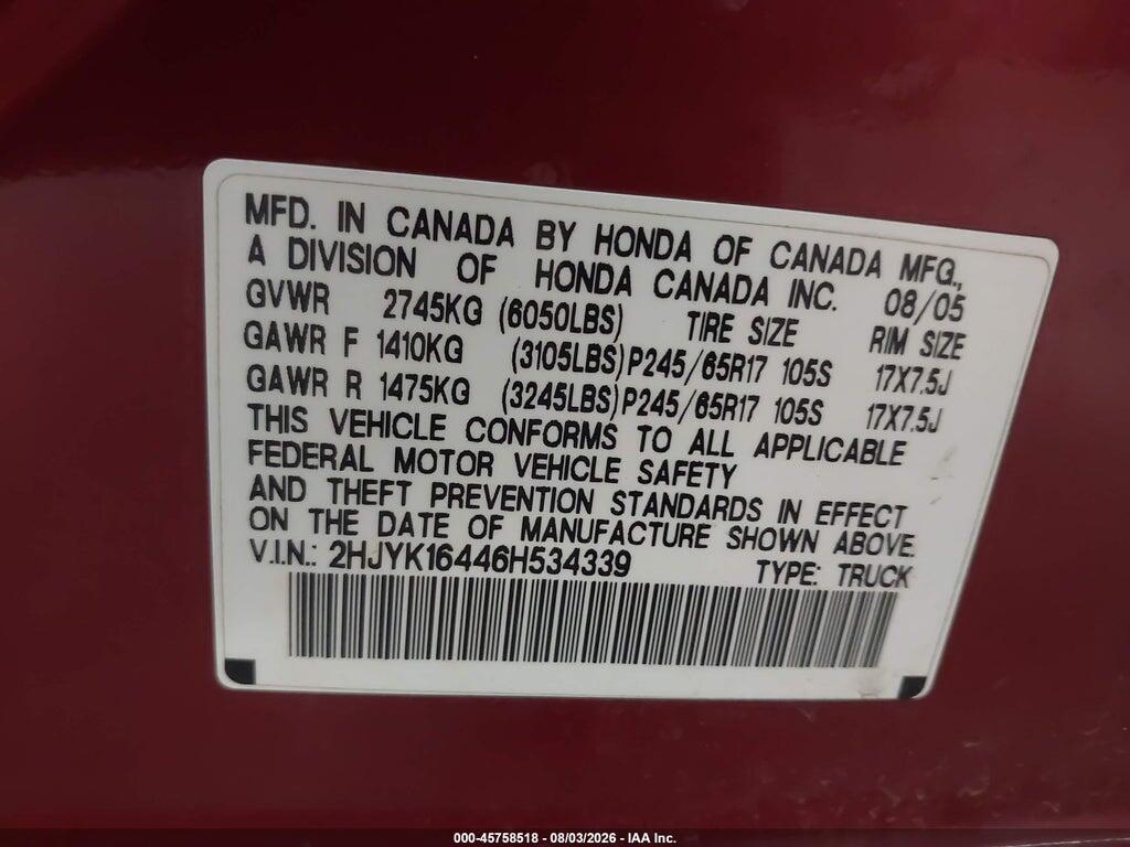 2HJYK16446H534339 2006 HONDA RIDGELINE photo no. 9