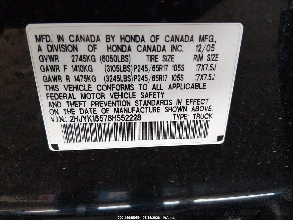 2HJYK16576H552228 2006 HONDA RIDGELINE photo no. 9