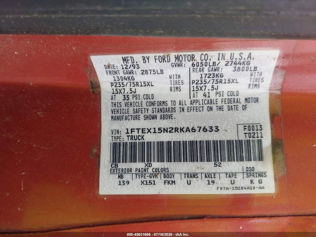 1FTEX15N2RKA67633 1994 FORD F150 photo no. 9