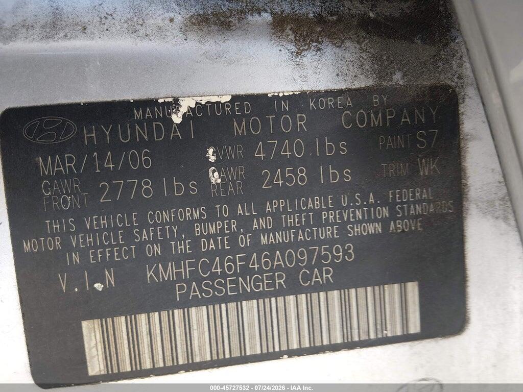 KMHFC46F46A097593 2006 HYUNDAI AZERA photo no. 9