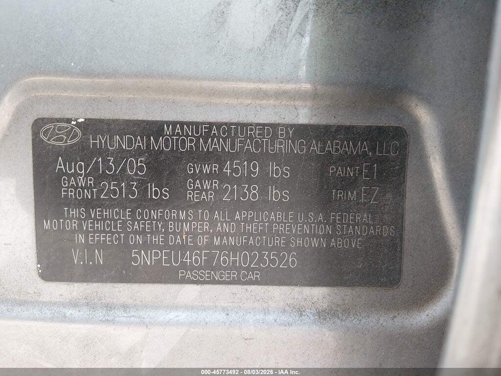 5NPEU46F76H023526 2006 HYUNDAI SONATA photo no. 9