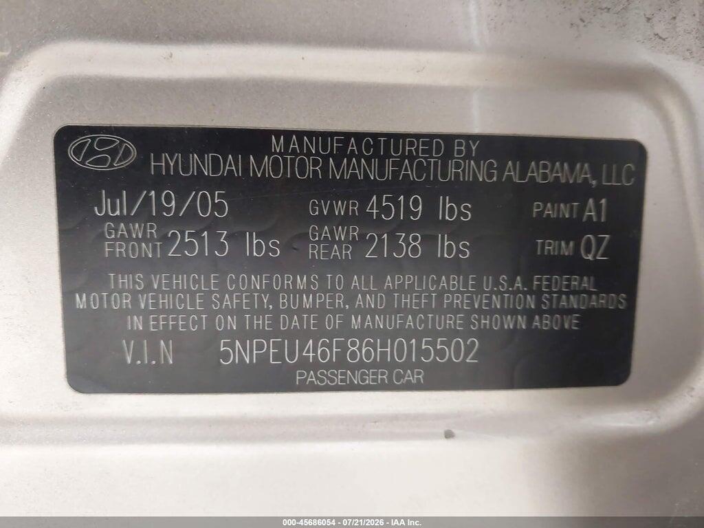 5NPEU46F86H015502 2006 HYUNDAI SONATA photo no. 9
