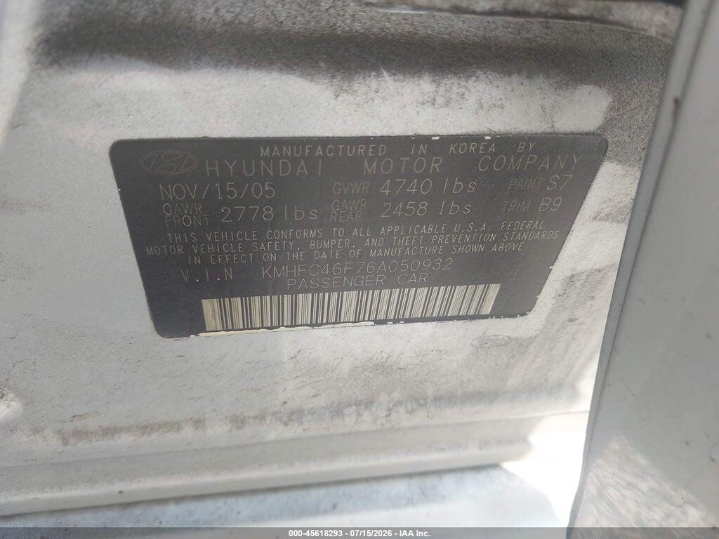 KMHFC46F76A050932 2006 HYUNDAI AZERA photo no. 9
