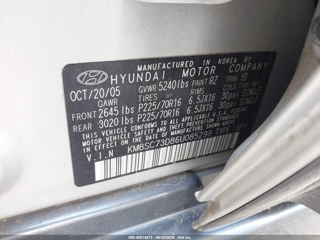 KM8SC73D86U085299 2006 HYUNDAI SANTA FE photo no. 9