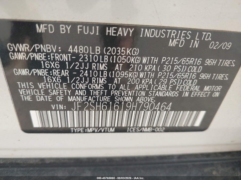 JF2SH61619H790464 2009 SUBARU FORESTER photo no. 9