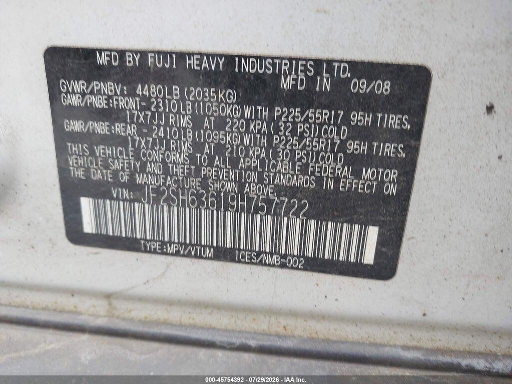 JF2SH63619H757722 2009 SUBARU FORESTER photo no. 9