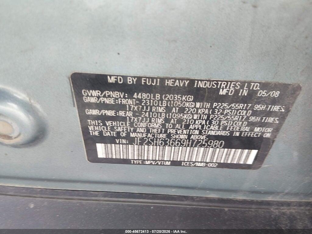 JF2SH63669H725980 2009 SUBARU FORESTER photo no. 9